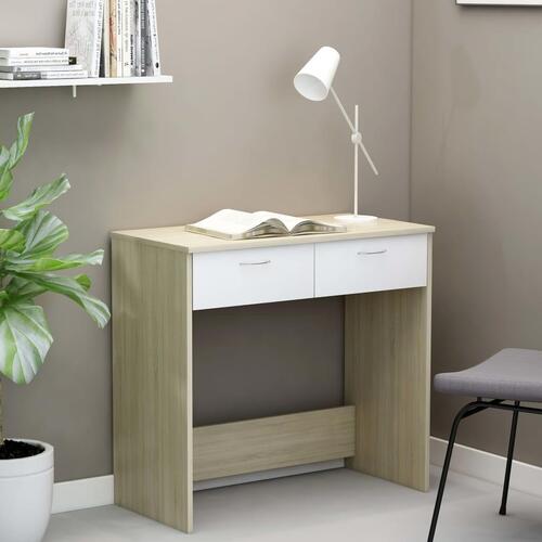 Skrivebord 80x40x75 cm konstrueret træ hvid og sonoma-eg