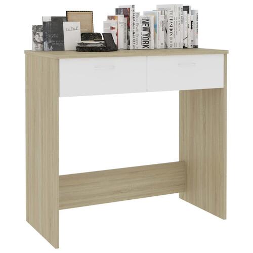 Skrivebord 80x40x75 cm konstrueret træ hvid og sonoma-eg