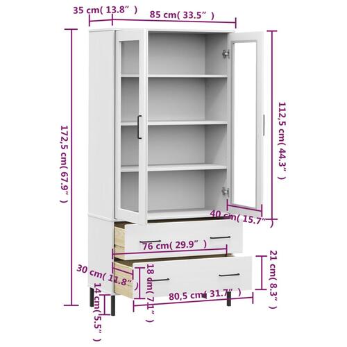 Bogskab med metalben OSLO 85x35x172,5 cm massivt træ hvid
