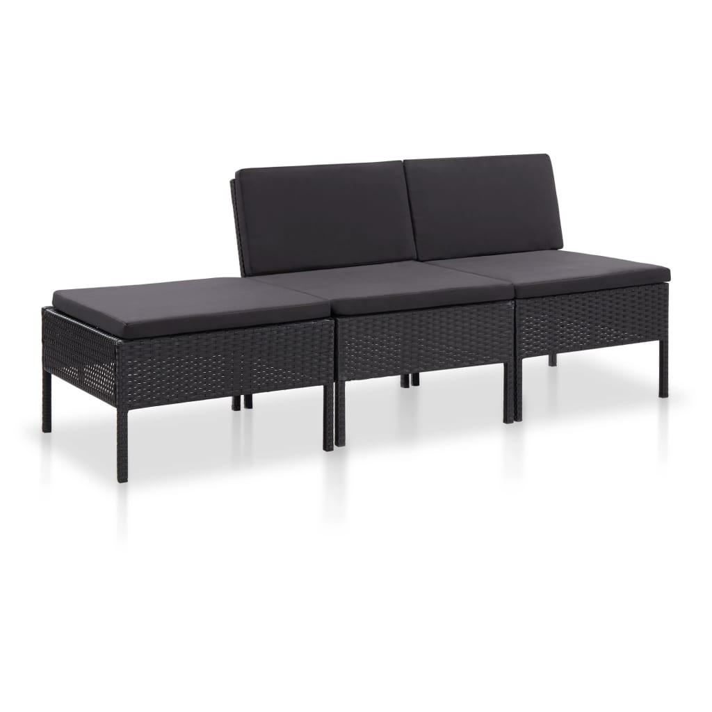 Haveloungesæt 3 dele med hynder polyrattan sort