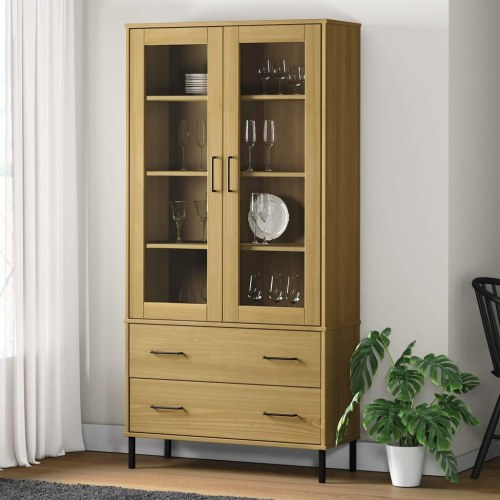 Bogskab med glaslåger og metalben OSLO - massivt fyrretræ, brun, 85×35×172,5 cm