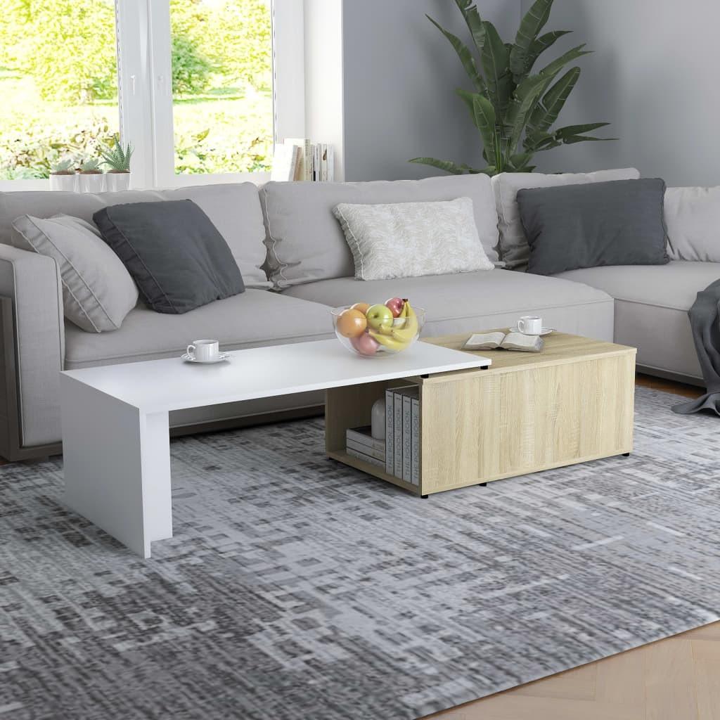Sofabord 150x50x35 cm konstrueret træ hvid og sonoma-eg