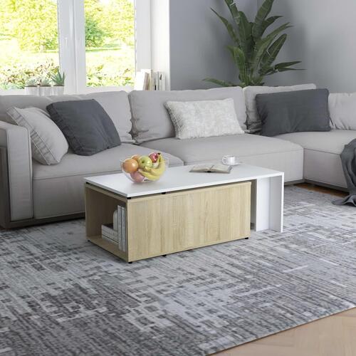 Sofabord 150x50x35 cm konstrueret træ hvid og sonoma-eg