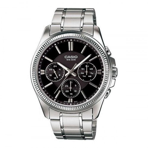 Casio Enticer Gent herreur - sort skive, sølvfarvet lænke (Ø 35 mm)