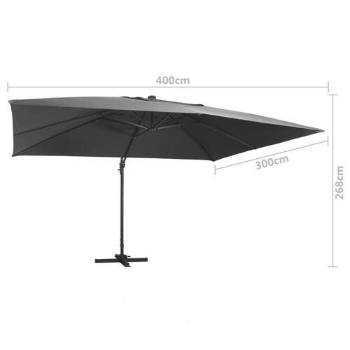 Hængeparasol med LED-lys og aluminiumsstang 400x300 cm grå