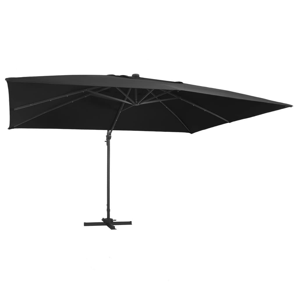 Hængeparasol med LED-lys aluminiumsstang 400x300 cm sort
