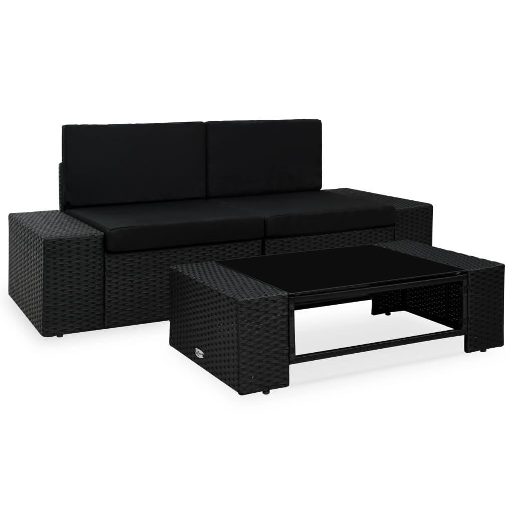 Loungesæt til haven 3 dele polyrattan sort