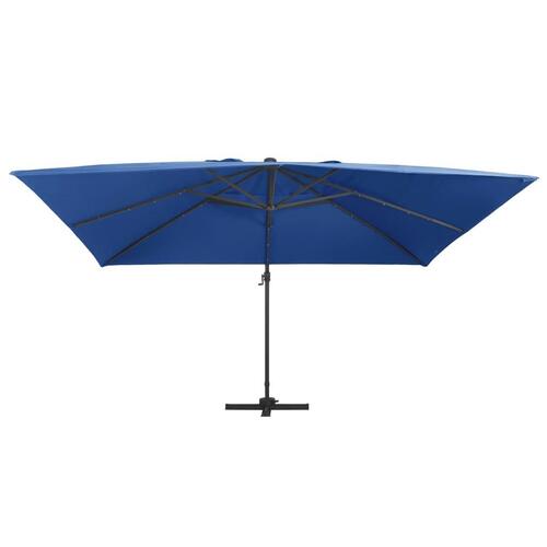 Hængeparasol med LED-lys aluminiumsstang 400x300 cm azurblå