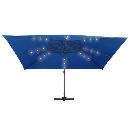Hængeparasol med LED-lys aluminiumsstang 400x300 cm azurblå