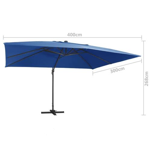 Hængeparasol med LED-lys aluminiumsstang 400x300 cm azurblå