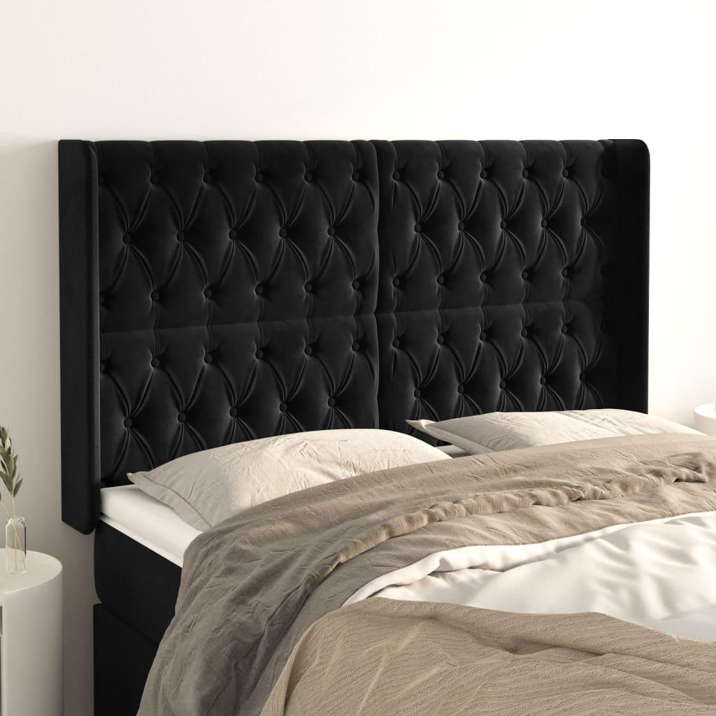 Sengegavl med kanter 147x16x118/128 cm - fløjl, sort