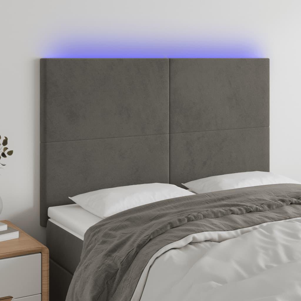Sengegavl med LED-lys 144x5x118/128 cm fløjl mørkegrå billede