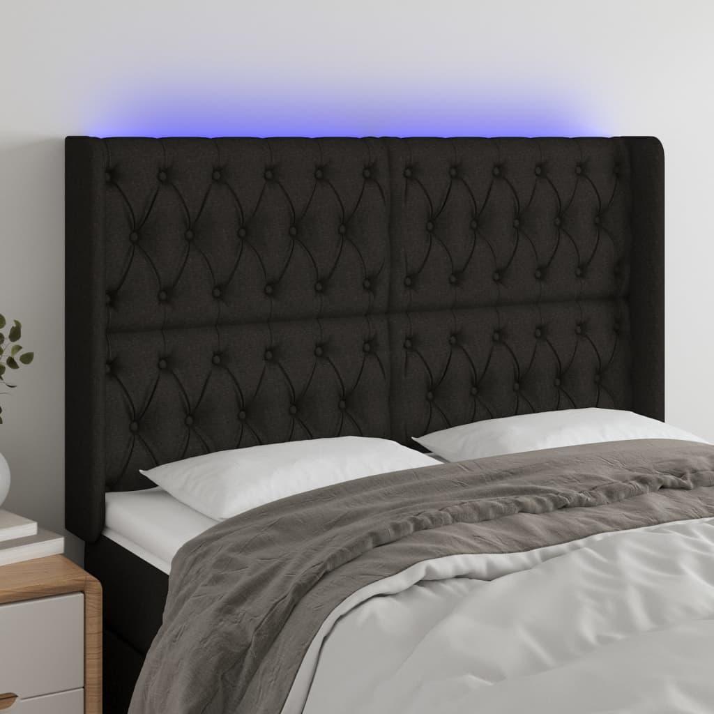 Sengegavl med LED-lys 163x16x118/128 cm - stof, sort billede