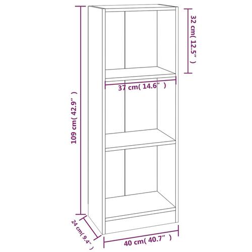 Bogreol med 3 hylder 40x24x109 cm konstrueret træ grå sonoma-eg