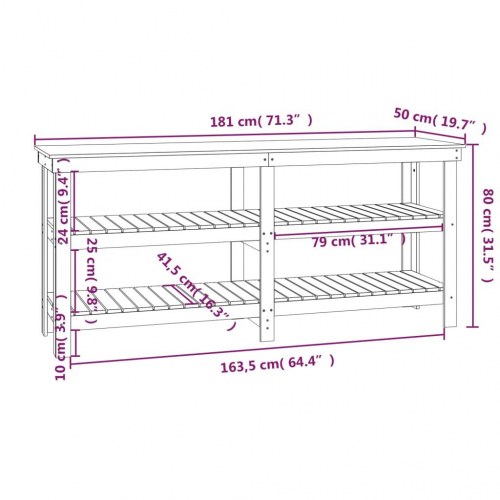 Arbejdsbord i massivt fyrretræ 181 × 50 × 80 cm - med hylder