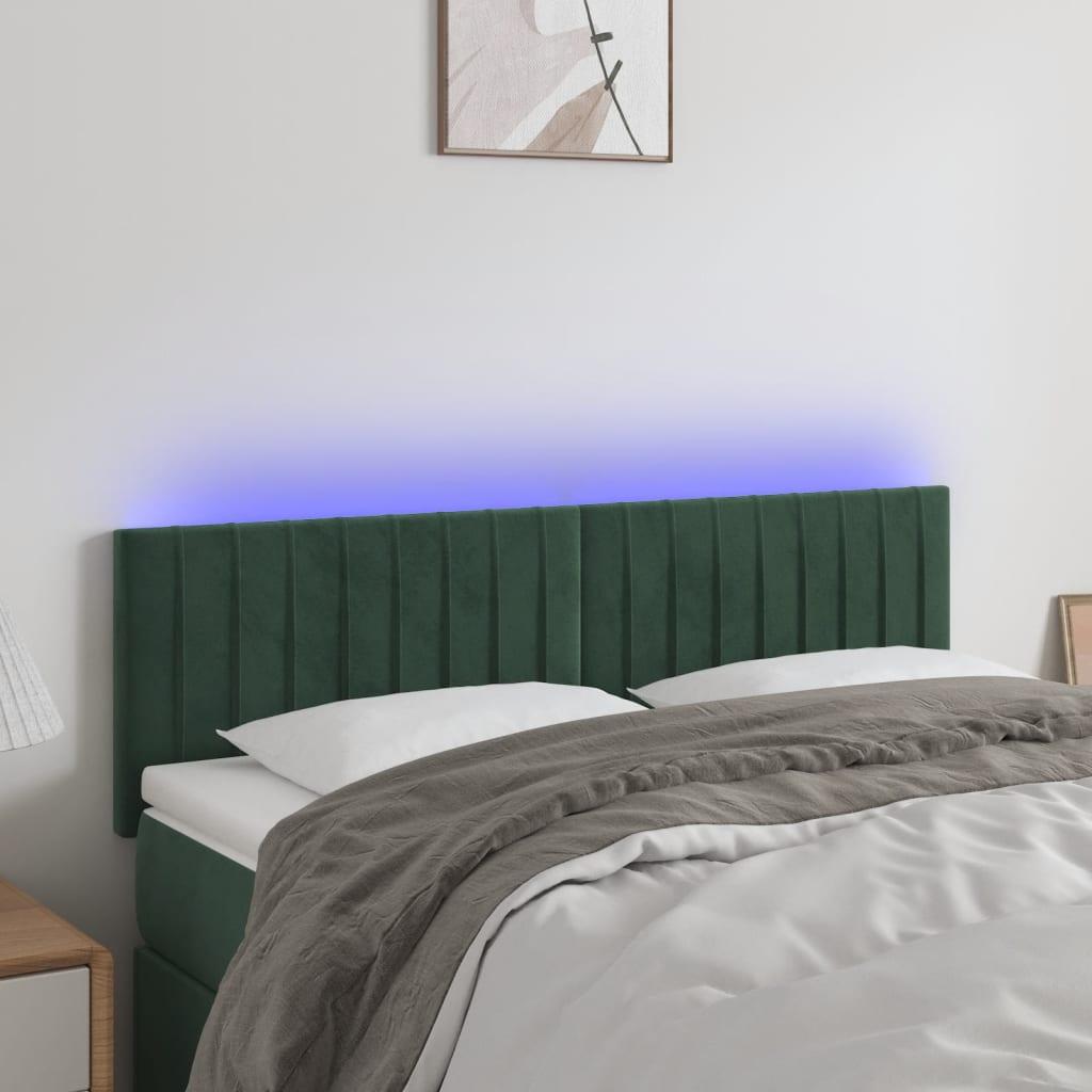 Sengegavl med LED-lys 144x5x78/88 cm fløjl mørkegrøn billede