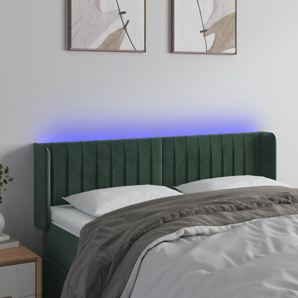 Sengegavl med LED-lys 147×16×78/88 cm - fløjl, mørkegrøn