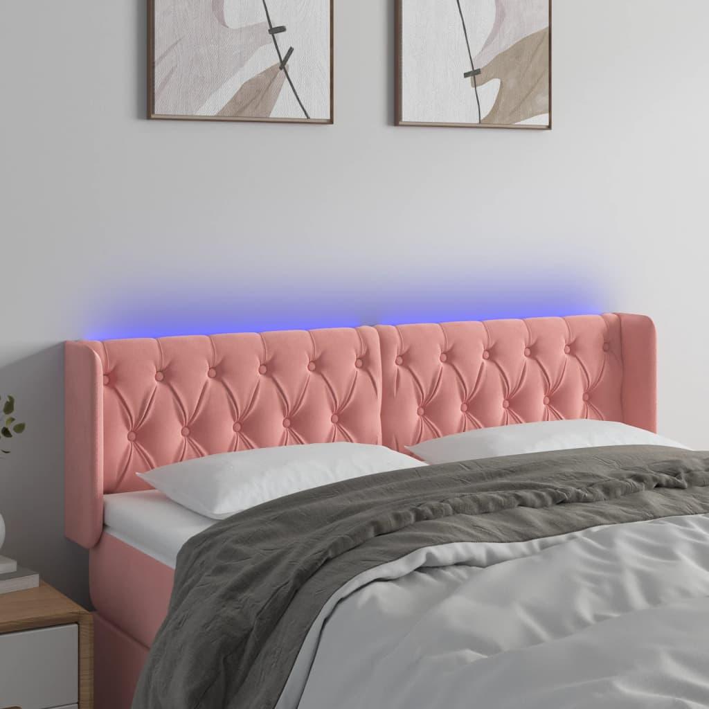 Sengegavl med LED-lys 147x16x78/88 cm fløjl lyserød billede