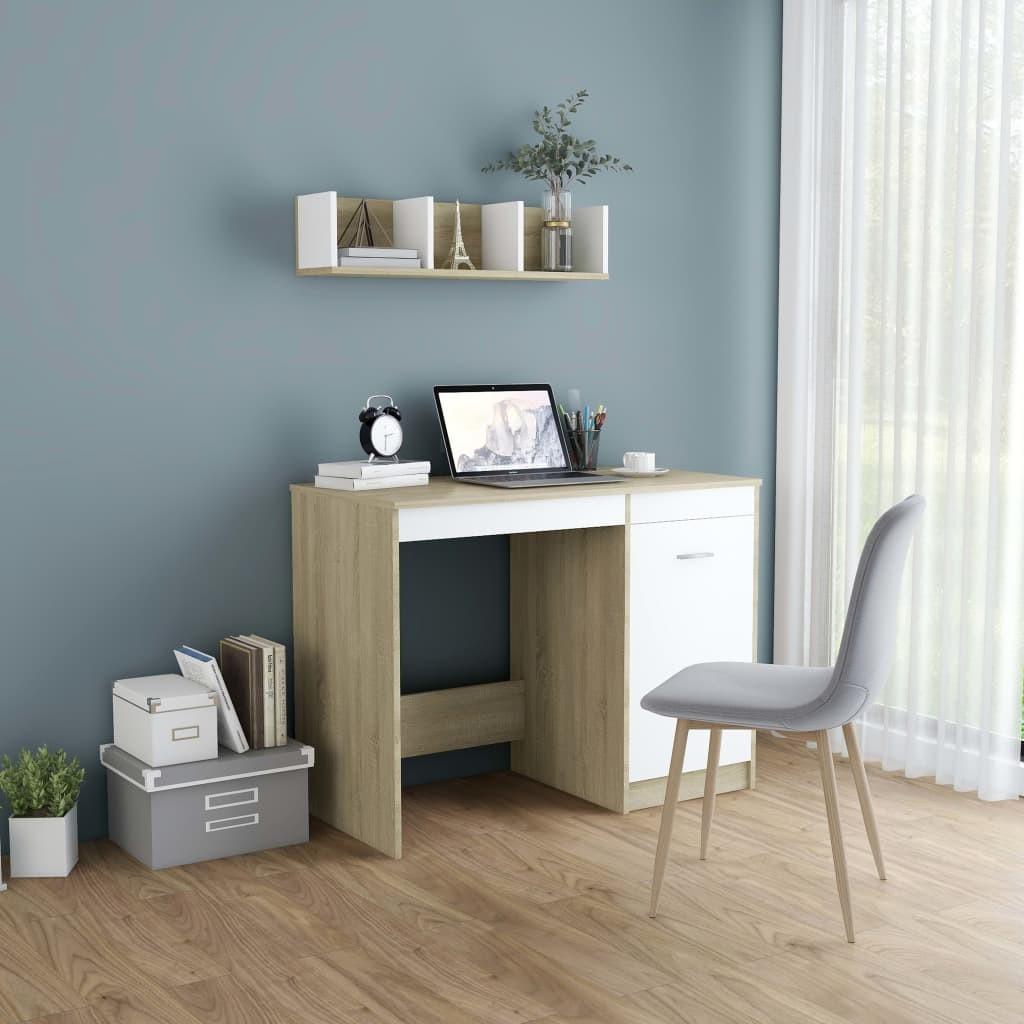 Skrivebord 100x50x76 cm konstrueret træ hvid og sonoma-eg