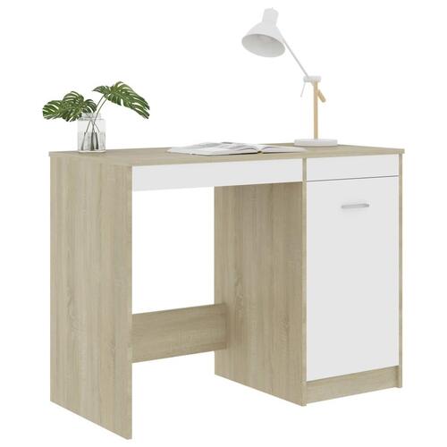Skrivebord 100x50x76 cm konstrueret træ hvid og sonoma-eg