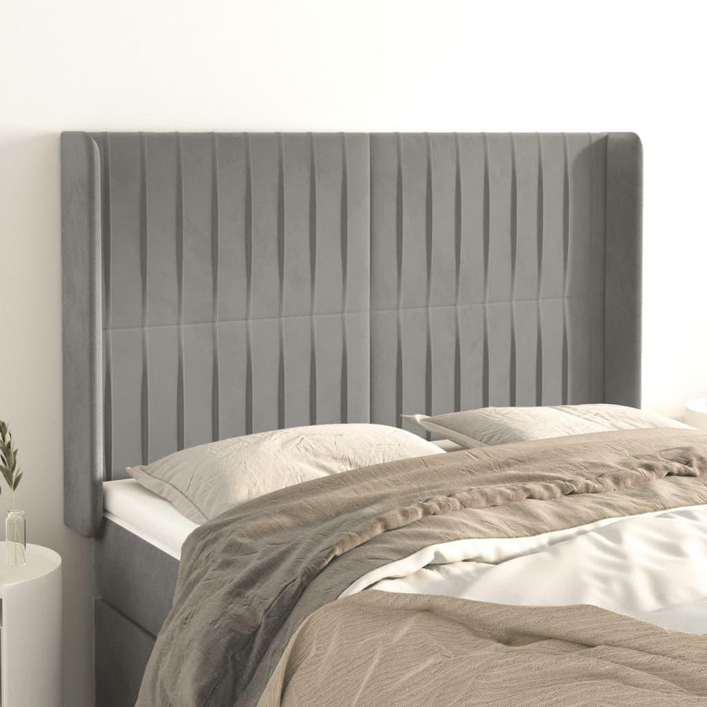 Sengegavl med kanter 147x16x118/128 cm fløjl lysegrå billede