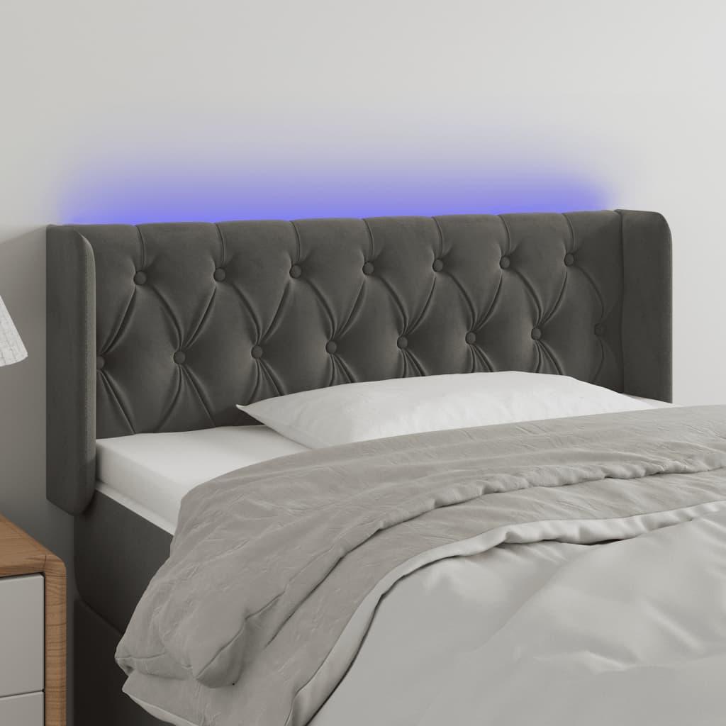 Sengegavl med LED-lys 103x16x78/88 cm fløjl mørkegrå billede