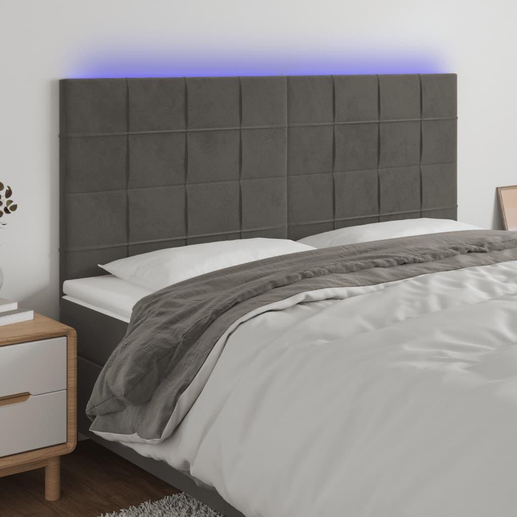 Sengegavl med LED-lys 200x5x118/128 cm fløjl mørkegrå billede