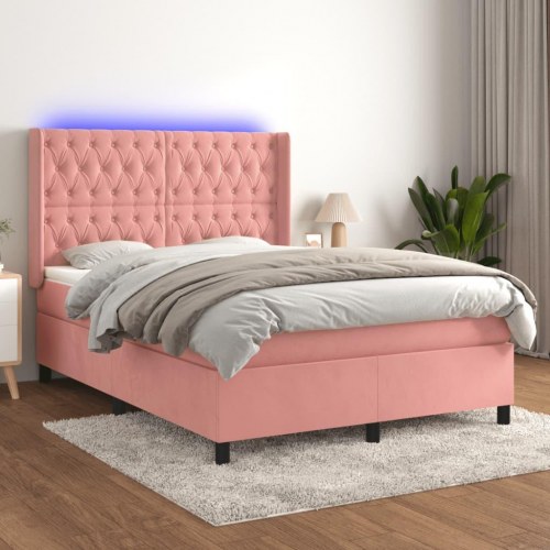 Kontinentalseng med LED-lys 140x200 cm - fløjl, lyserød