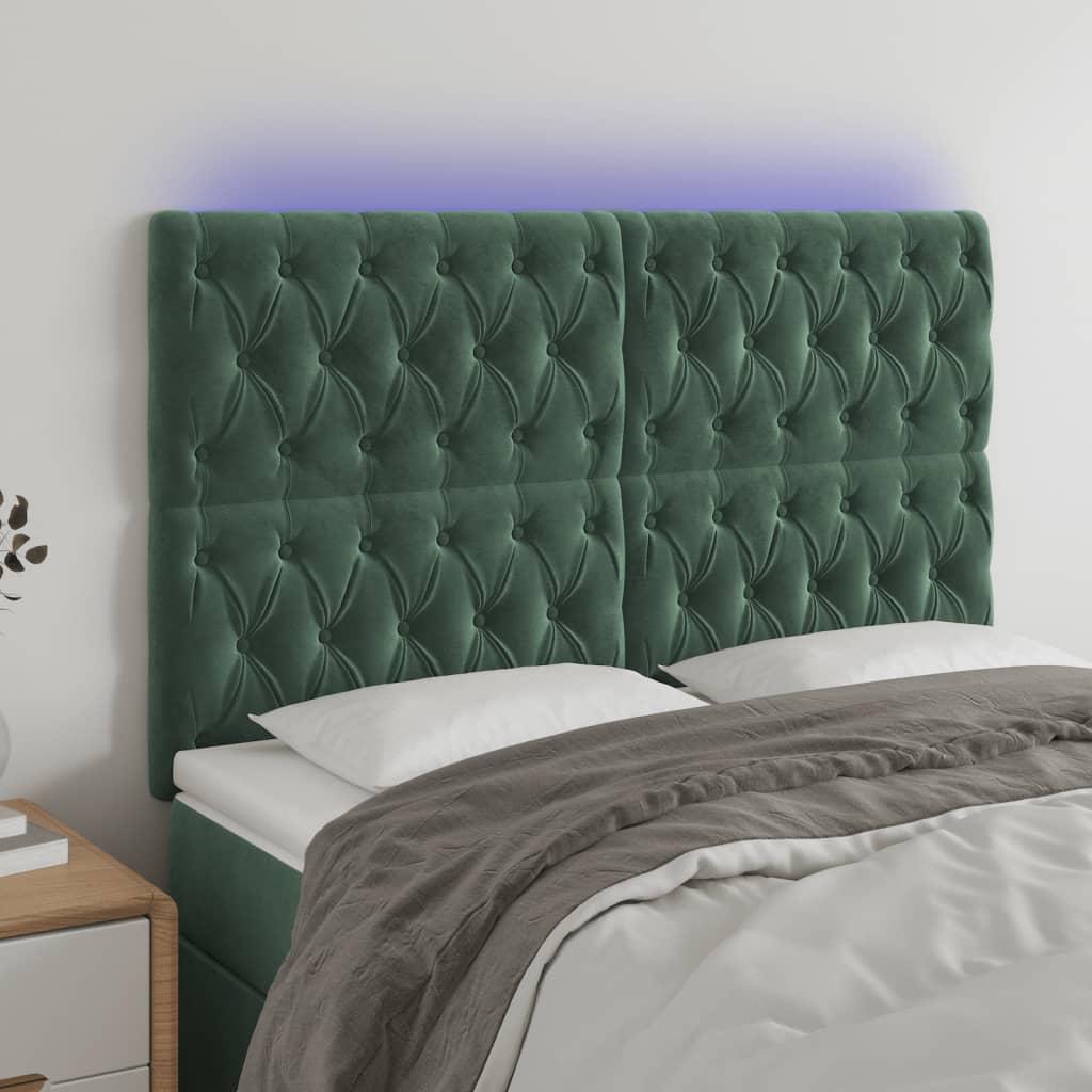 Sengegavl med LED-lys 144x7x118/128 cm fløjl mørkegrøn billede