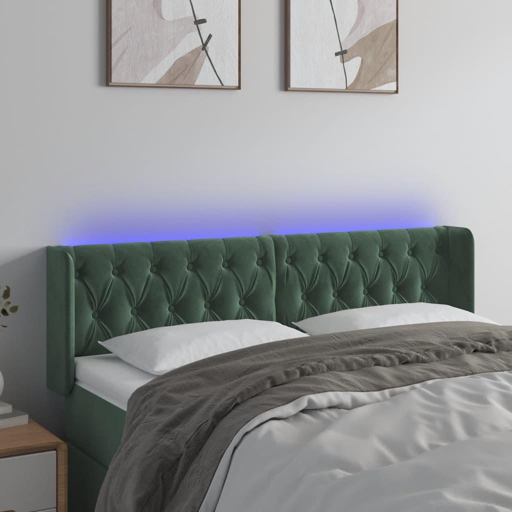 Sengegavl med LED-lys 147×16×78/88 cm - fløjl, mørkegrøn