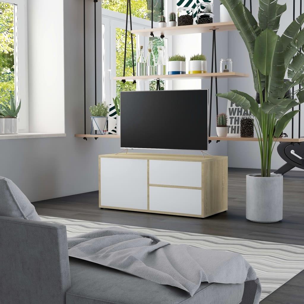 Tv-bord 80x34x36 cm konstrueret træ hvid og sonoma eg