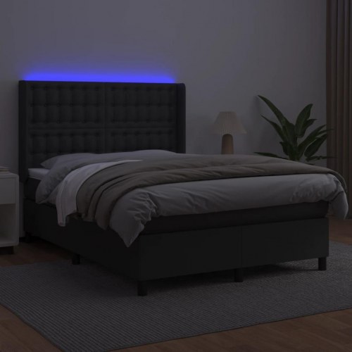 Kontinentalseng med LED-lys 140x200 cm - kunstlæder, sort