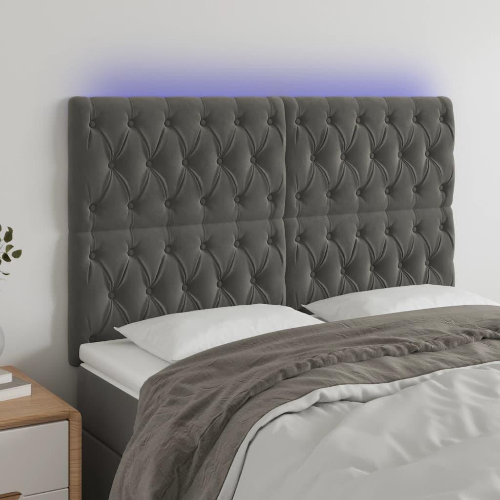 Sengegavl med LED-lys 144x7x118/128 cm fløjl mørkegrå