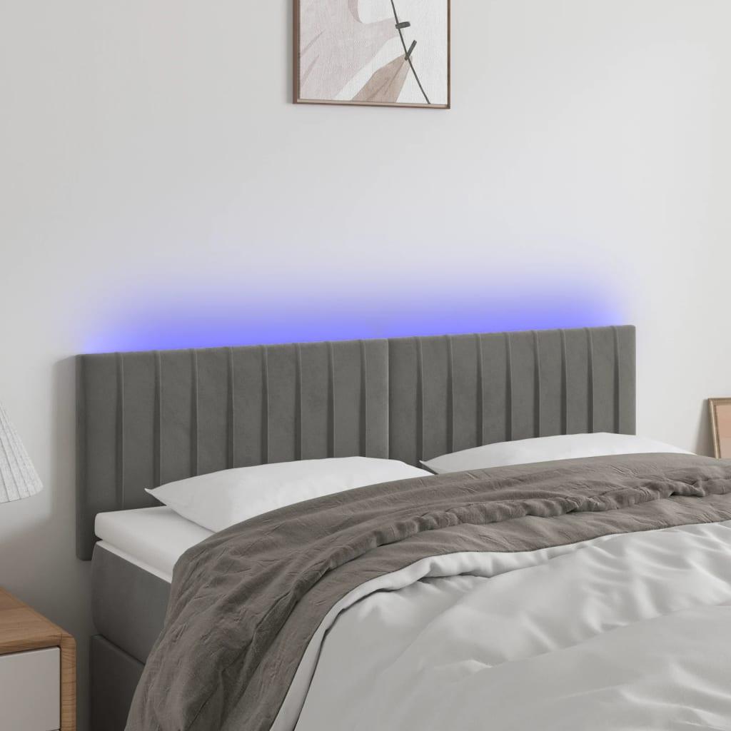Sengegavl med LED-lys 144x5x78/88 cm fløjl lysegrå billede