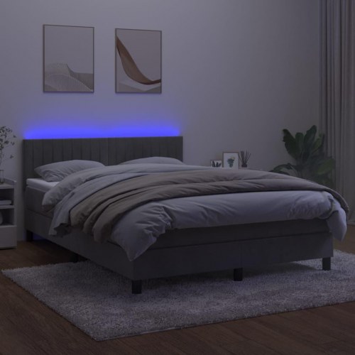 Kontinentalseng med madras og LED-lys 140x200 cm - fløjl, lysegrå
