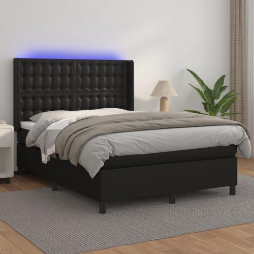 Kontinentalseng med LED-lys 140×190 cm i sort kunstlæder