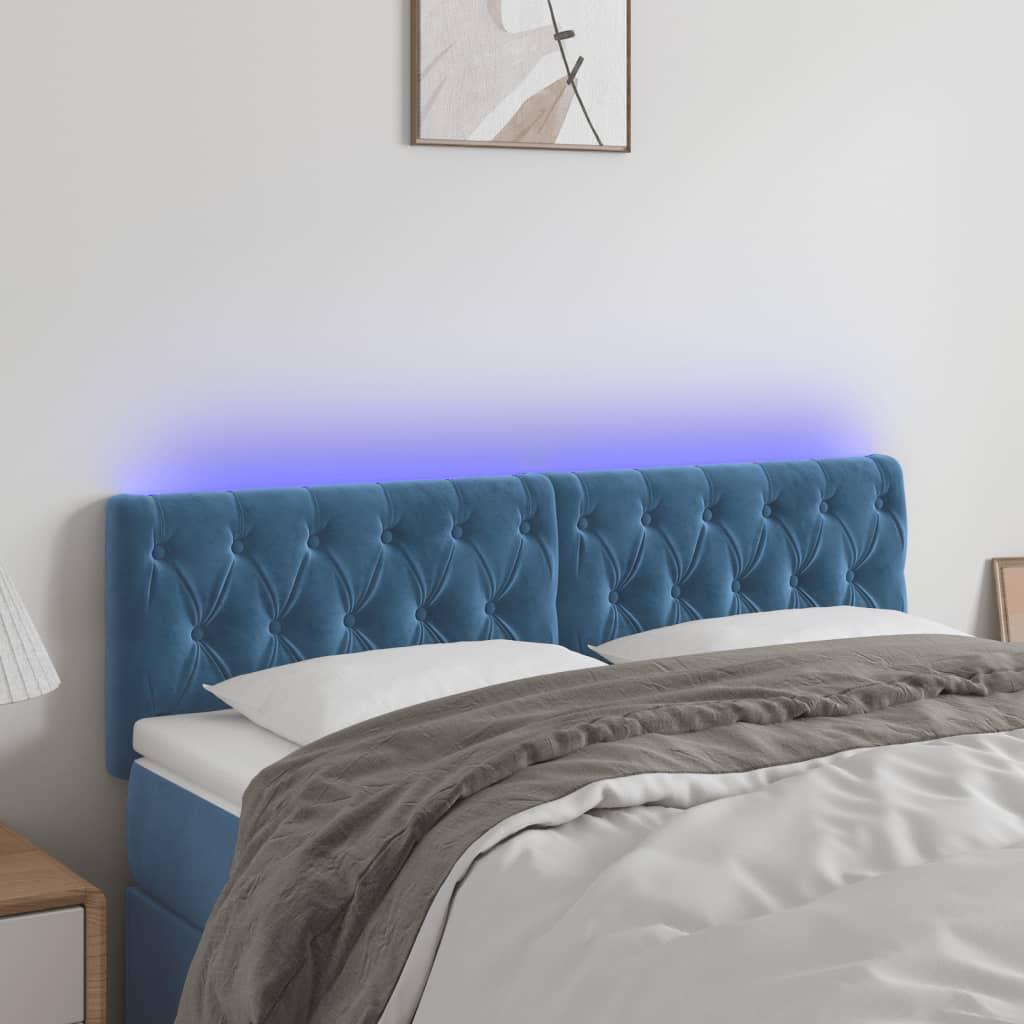 Sengegavl med LED-lys 144x7x78/88 cm velour mørkeblå billede