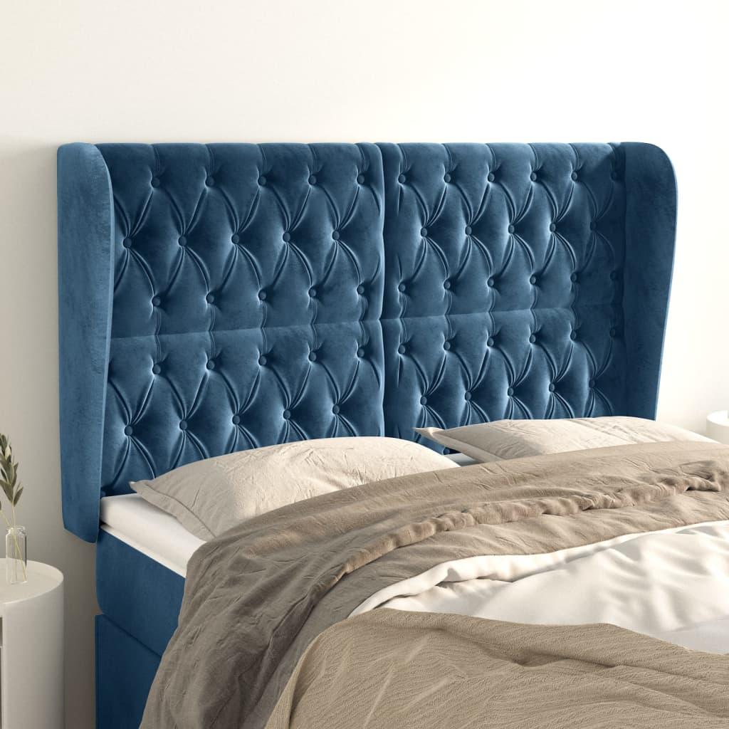 Sengegavl med kanter i fløjl - 147×23×118/128 cm, mørkeblå billede