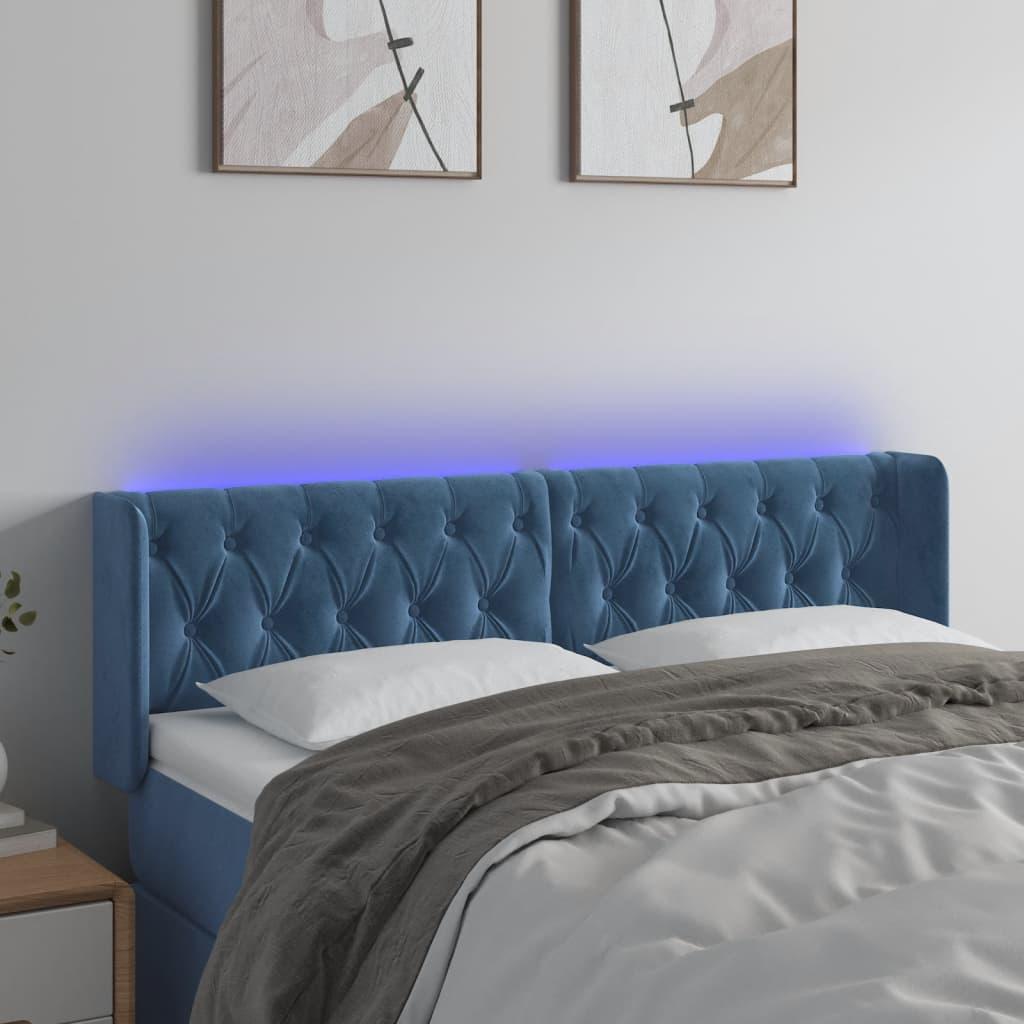 Sengegavl med LED-lys 147×16×78/88 cm - fløjl, mørkeblå billede