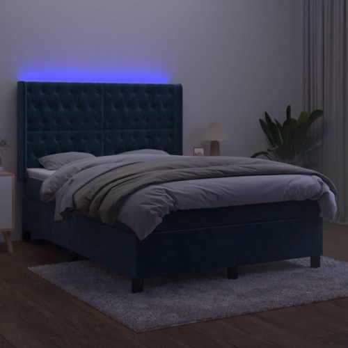 Kontinentalseng med LED-lys 140x200 cm - fløjl, mørkeblå