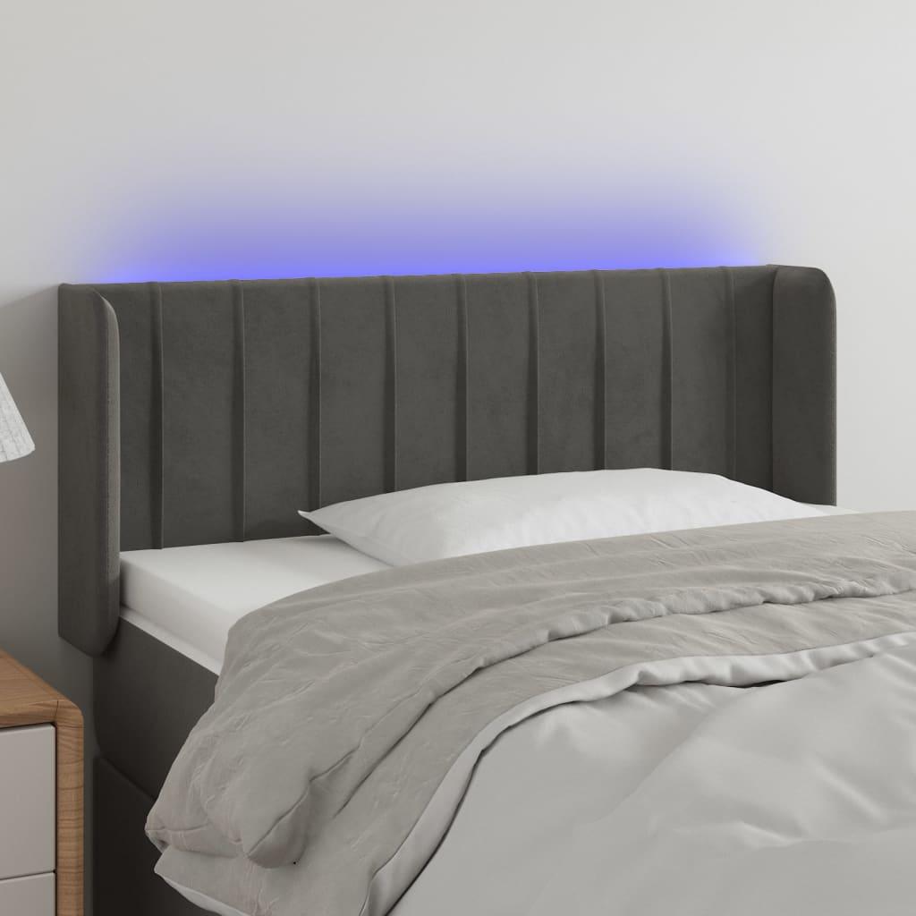 Sengegavl med LED-lys 83x16x78/88 cm fløjl mørkegrå billede