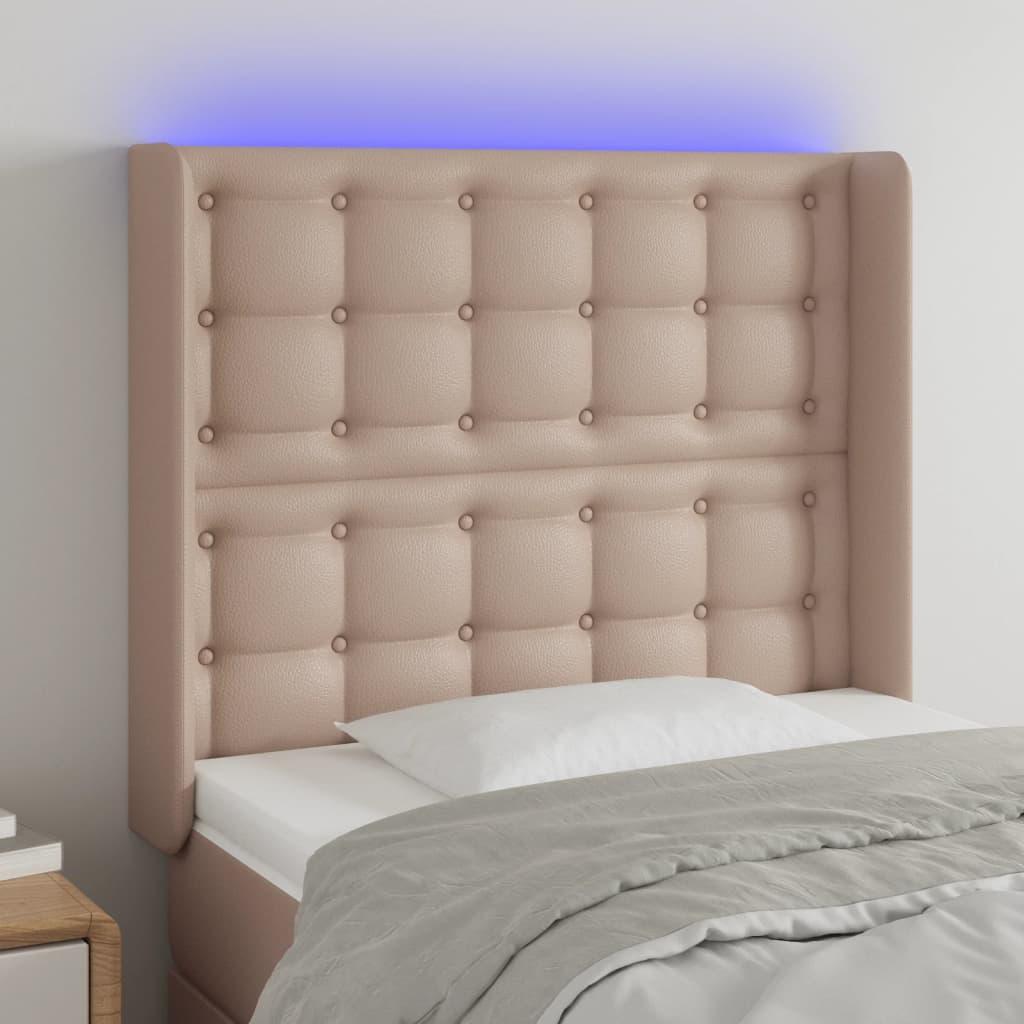 Sengegavl med LED-lys 83x16x118/128 cm kunstlæder cappuccino