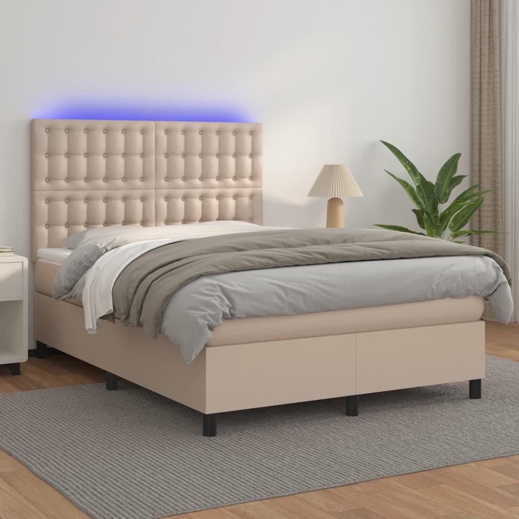 Kontinentalseng LED-lys 140x190 cm kunstlæder cappuccinofarvet