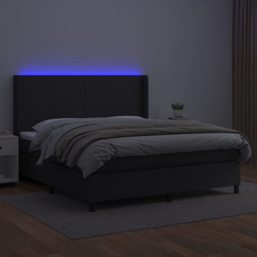 Kontinentalseng med LED-lys 160x200 cm - kunstlæder, sort