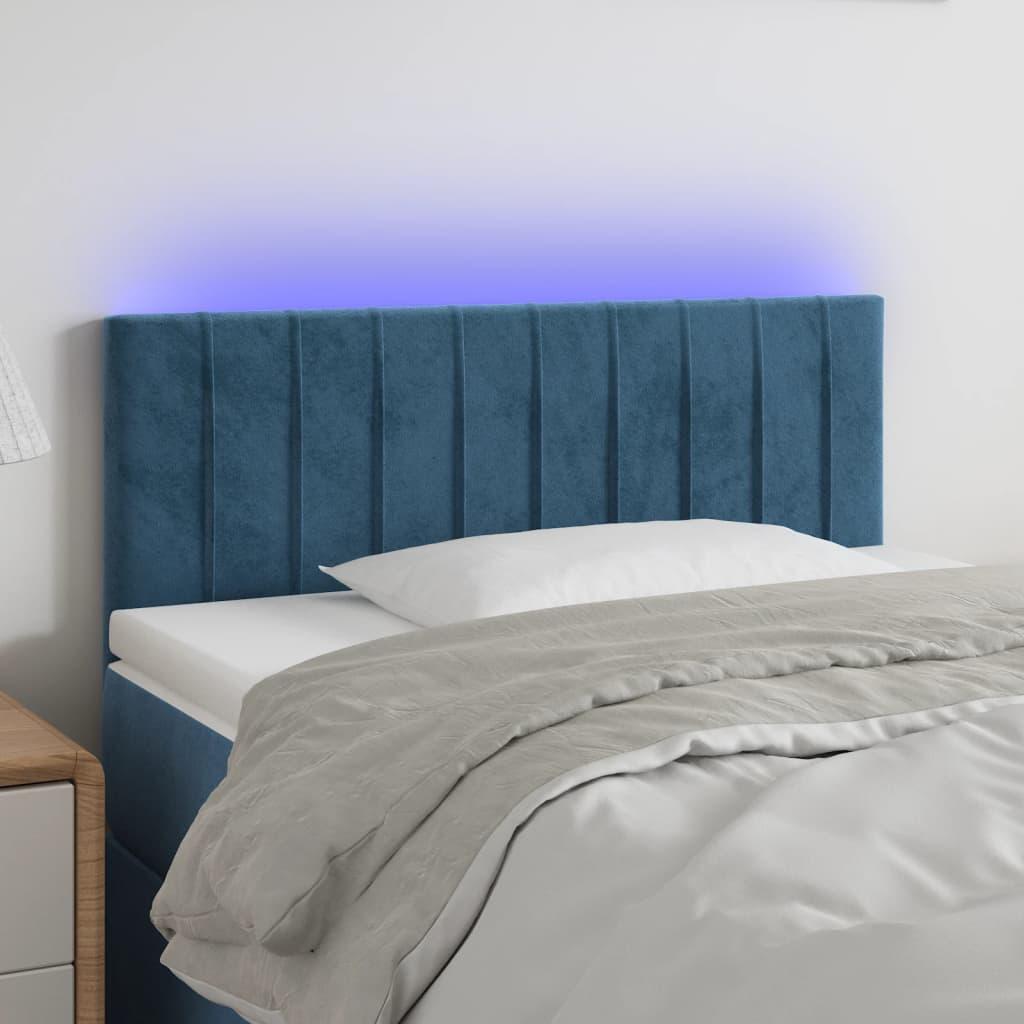Sengegavl med LED-lys 100x5x78/88 cm fløjl mørkeblå billede