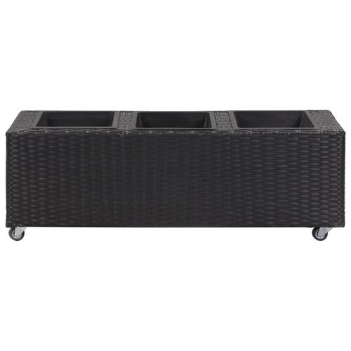 Plantekasse med 3 krukker 100x30x36 cm polyrattan sort