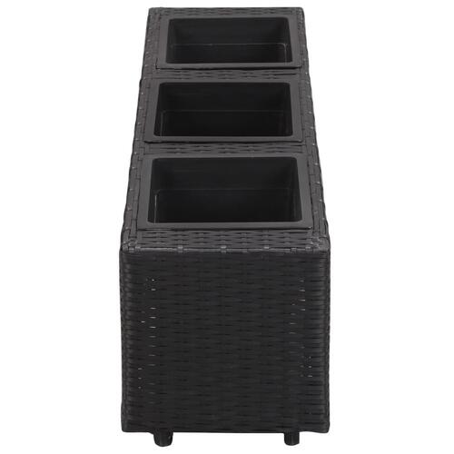 Plantekasse med 3 krukker 100x30x36 cm polyrattan sort