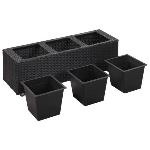 Plantekasse med 3 krukker 100x30x36 cm polyrattan sort