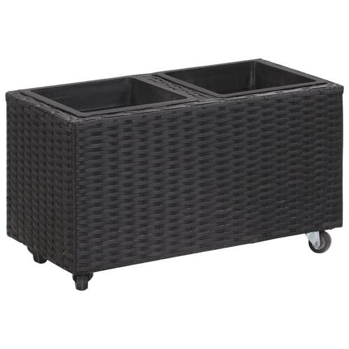 Plantekasse med 2 krukker 60x30x36 cm polyrattan sort