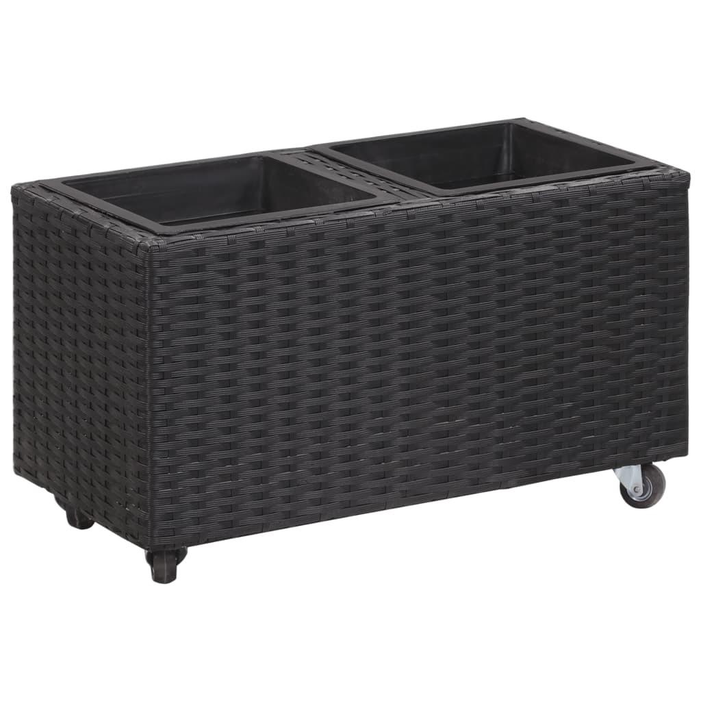 Plantekasse med 2 krukker 60x30x36 cm polyrattan sort